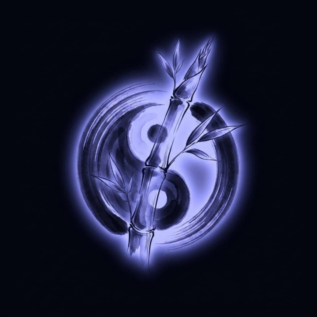 A yin-yang enso with a young bamboo shoot — the free path, balance and a place to begin at no cost.