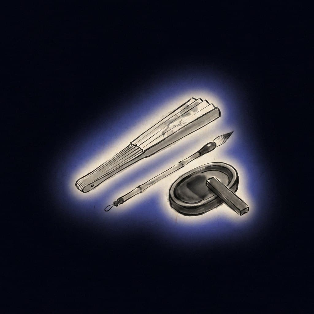 A folding fan and a calligraphy brush with an inkstone — the AI beauty tools, instruments of craft for your brand.